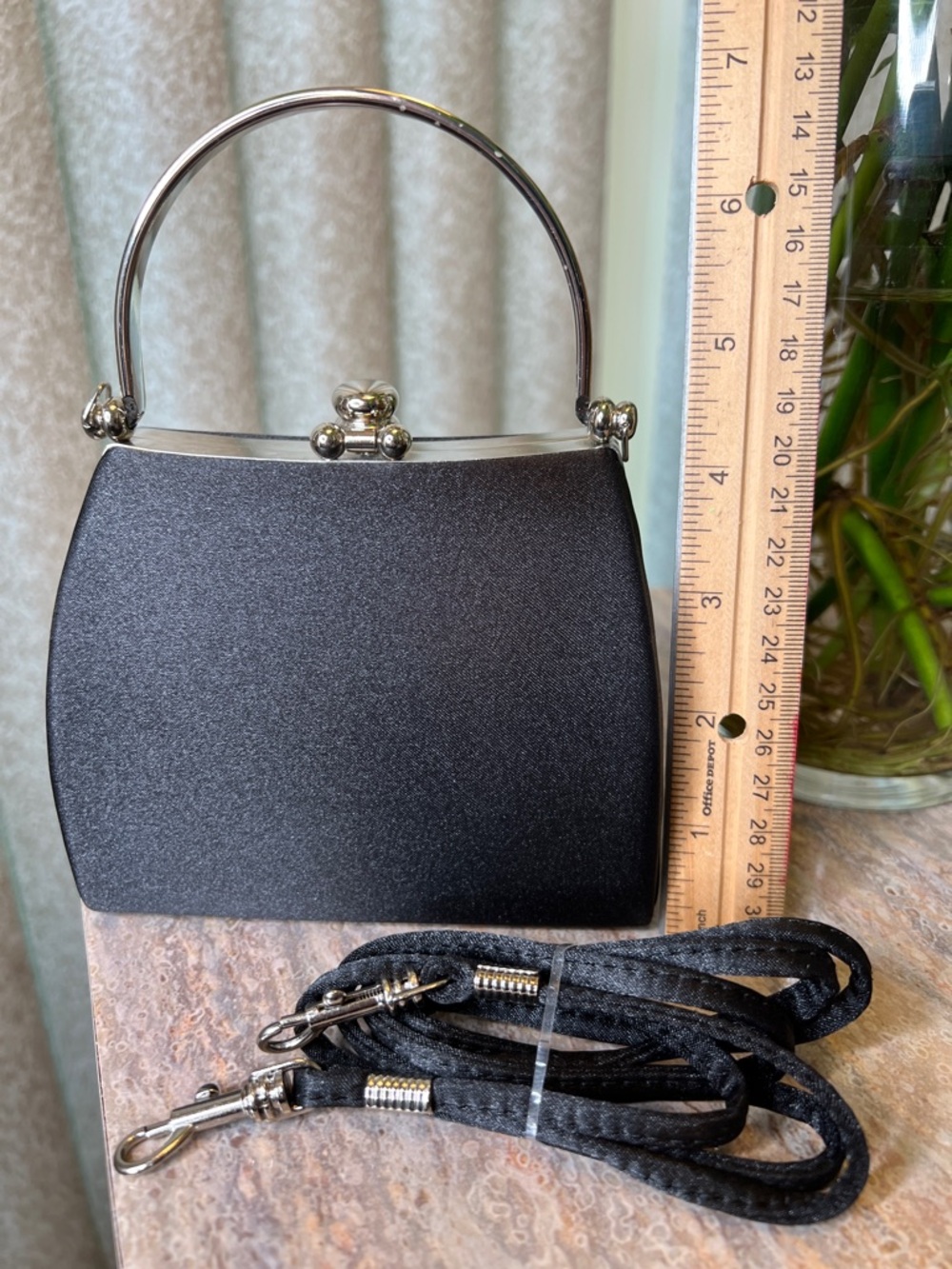 Classic Black Satin Mini 4”x5” silvertone Top-Handle Evening Clutch